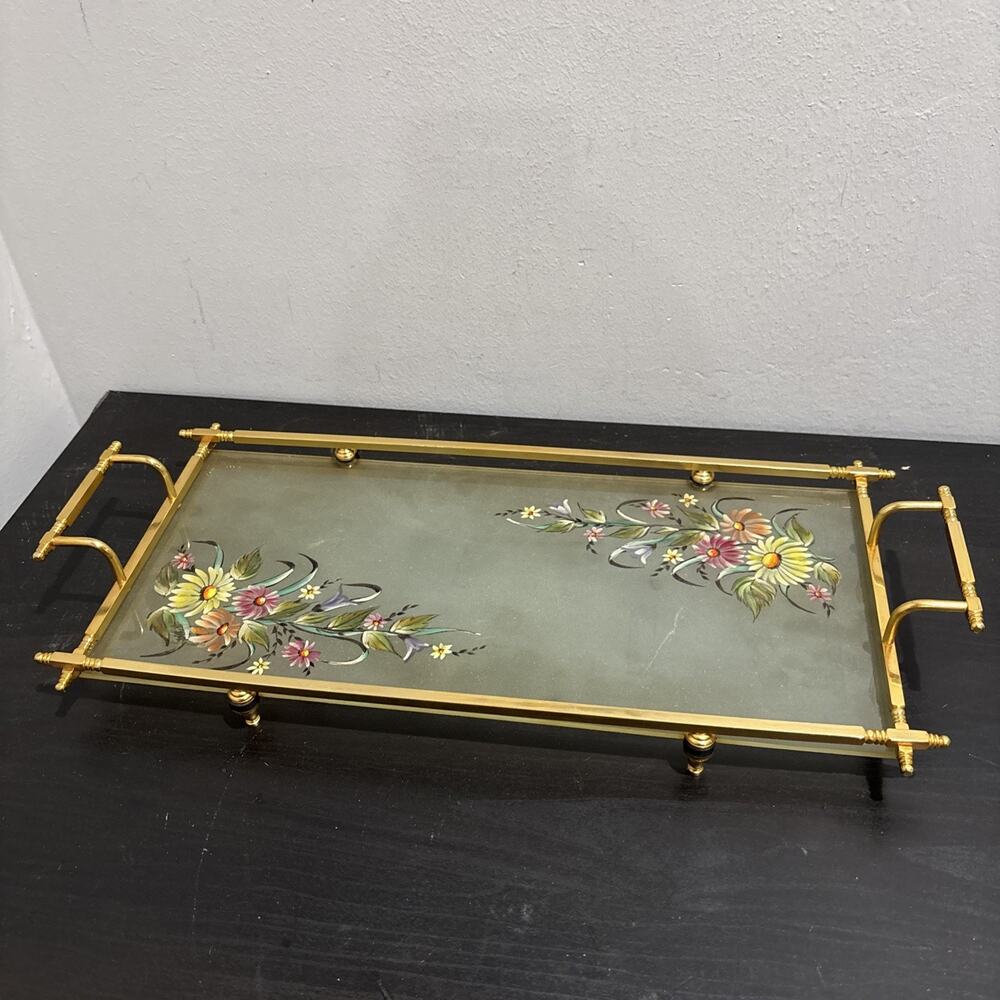 Vintage MCM Hollywood Regency Brass Frame Glass Hand Painted Floral Serving Tray